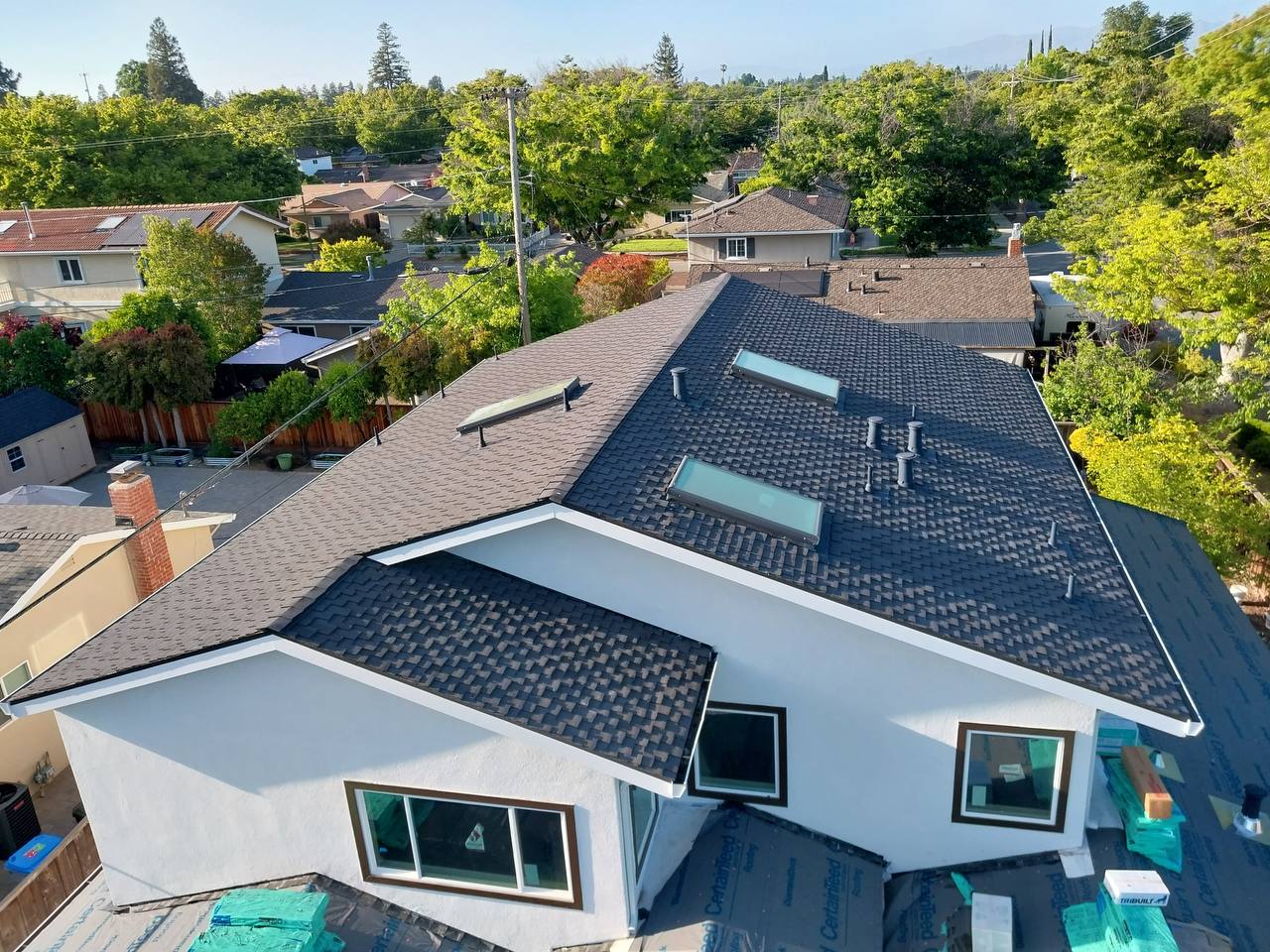 CertainTeed Presidential TL Solaris roof in Charcoal with skylights, aerial view, San Jose, California